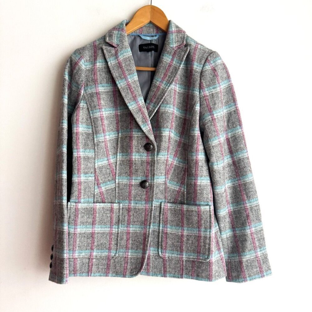 Talbots Grey Blue Plaid Wool Blend Classic Blazer 2